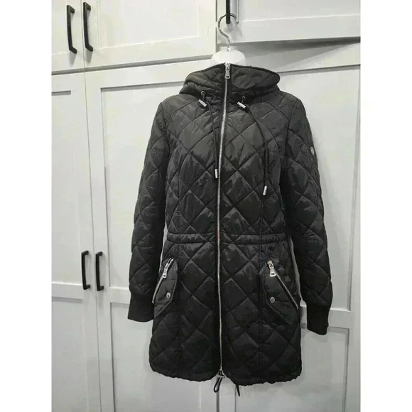 Calvin Klein Women’s Small Long Black Puffer Jacket Hooded Repreve Quilted - Picture 1 of 6